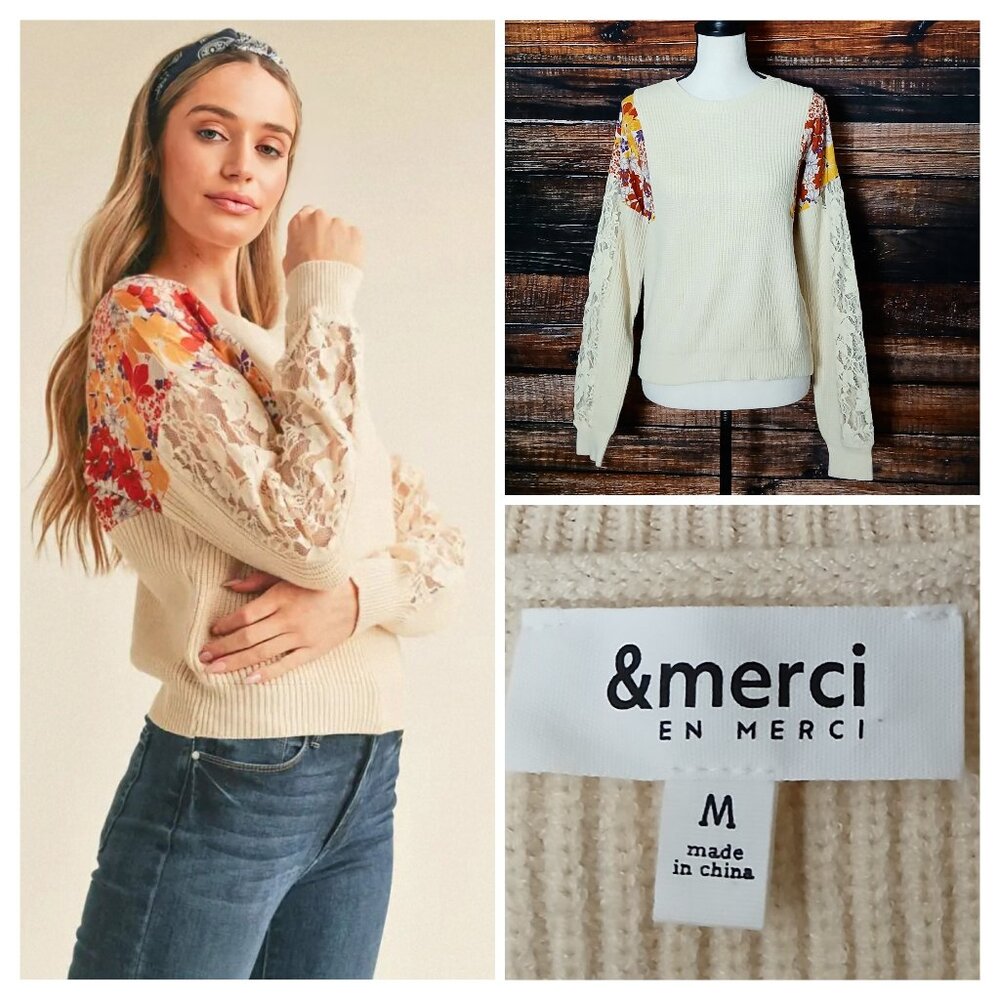 &Merci Sweater M Cream Floral Sheer Lace Sleeves 100% Viscose Rib Knit